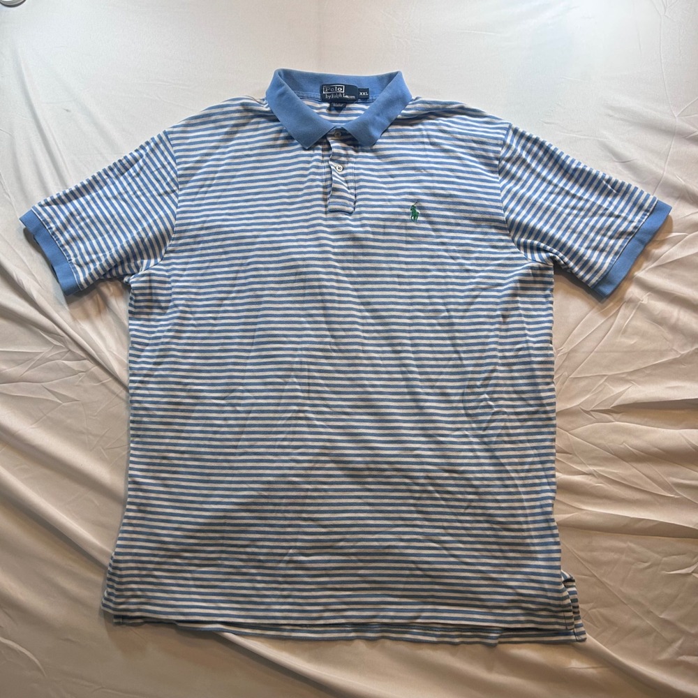Polo Ralph Lauren Men XXL Blue White Striped Short Sleeve Pique Polo Shirt